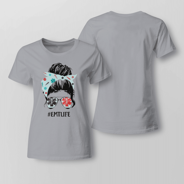 Gray Cotton T-Shirt with Woman in Sunglasses and Bandana, "#EMTLIFE" Graphic