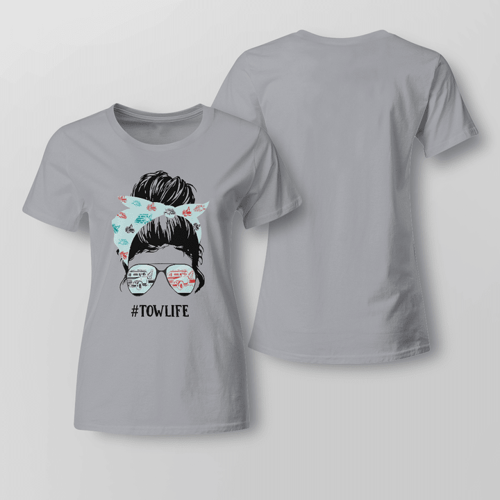 Gray tow truck operator t-shirt with graphic design of a woman wearing sunglasses and a bandana, showcasing the 'Tow Life' quote.