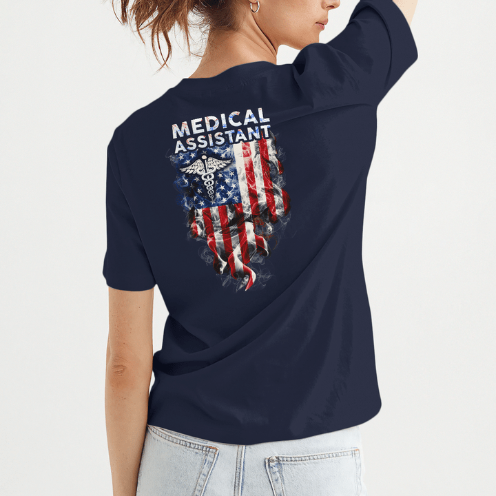 Navy blue Medical Assistant t-shirt with American flag graphic