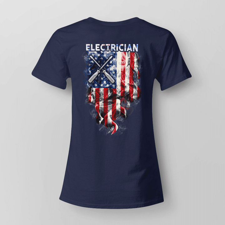 Blue t-shirt for electricians with crossed screwdriver and American flag graphic.