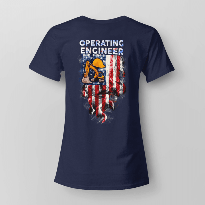 Operating Engineer T-Shirt with Graphic Design of Engineer, Hard Hat, Shovel, and American Flag