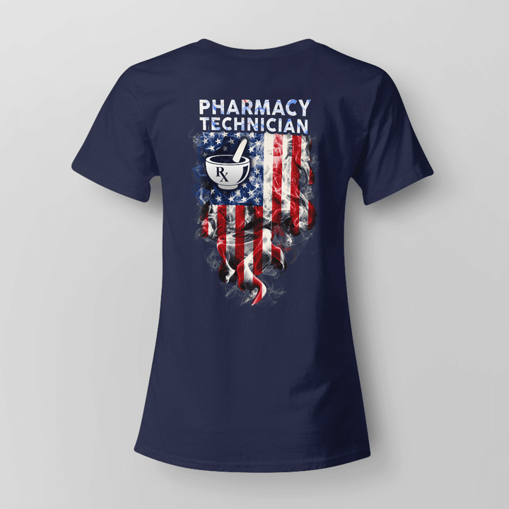 Blue pharmacy technician t-shirt with mortar and pestle graphic and American flag.
