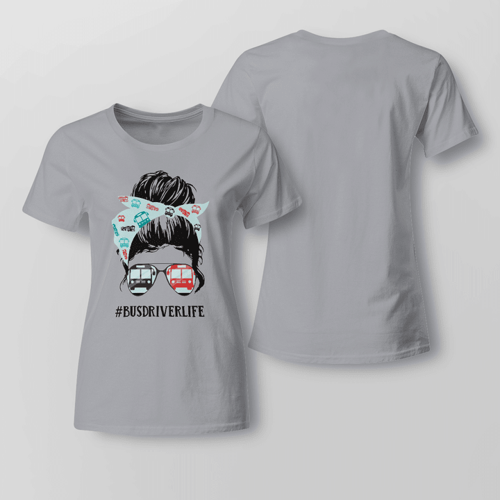Gray t-shirt featuring a graphic design of a woman wearing sunglasses and a bandana, representing the #BUSDRIVERLIFE.