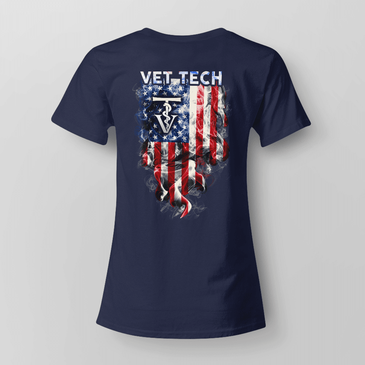 Vet Tech American Flag T-Shirt - Blue shirt with American flag and vet tech logo of stethoscope and cross.