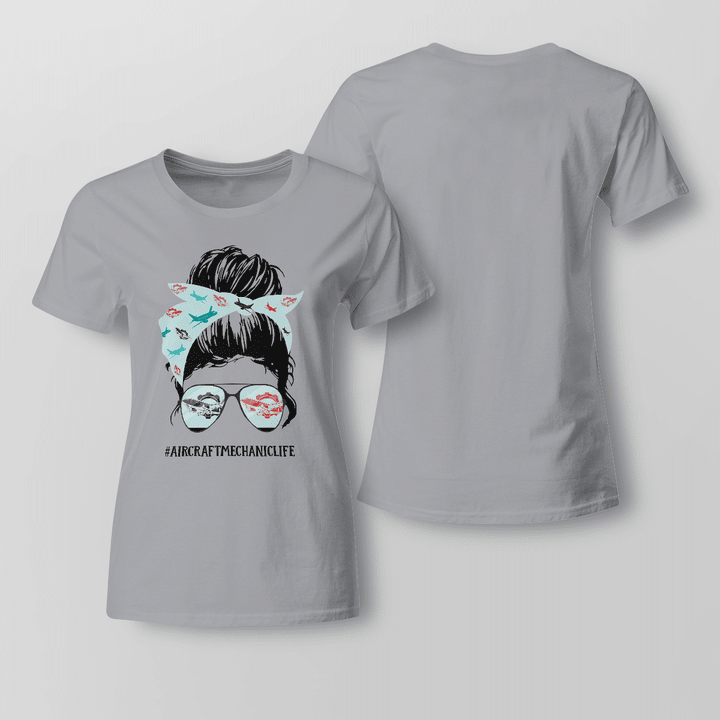 Gray t-shirt for aircraft mechanics with graphic design of a woman in sunglasses and a bandana, representing the aircraft mechanic life.
