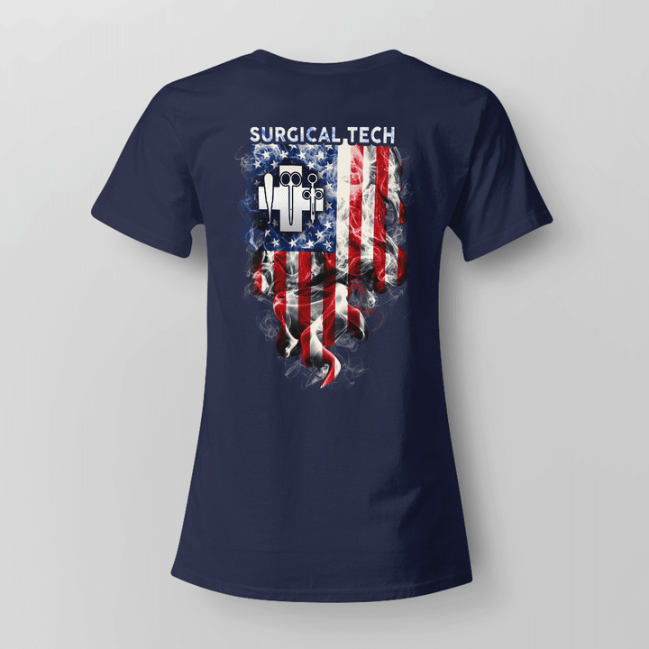 Blue surgical tech t-shirt with American flag and caduceus logo.