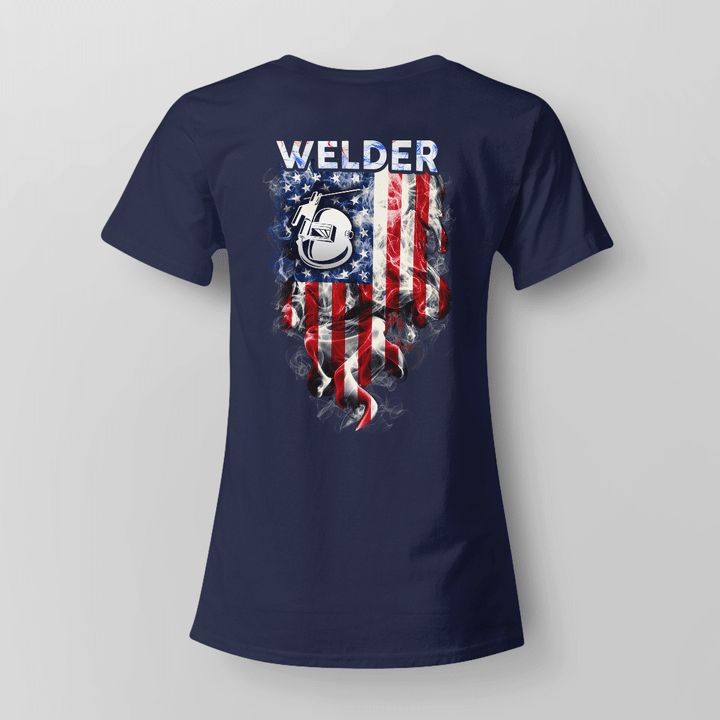 Welder T-Shirt - Graphic design of welding helmet and American flag symbolizing dedication and patriotism