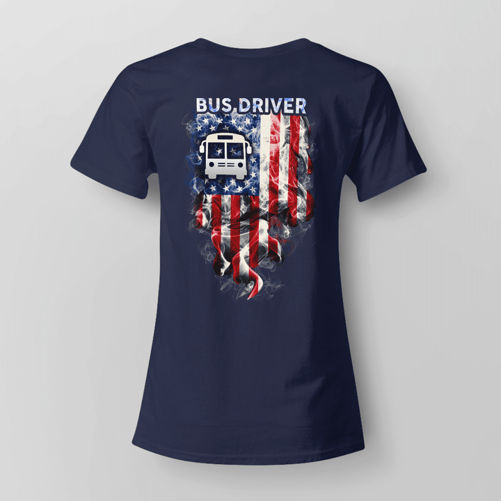 Blue t-shirt for bus driver with school bus and American flag graphic.