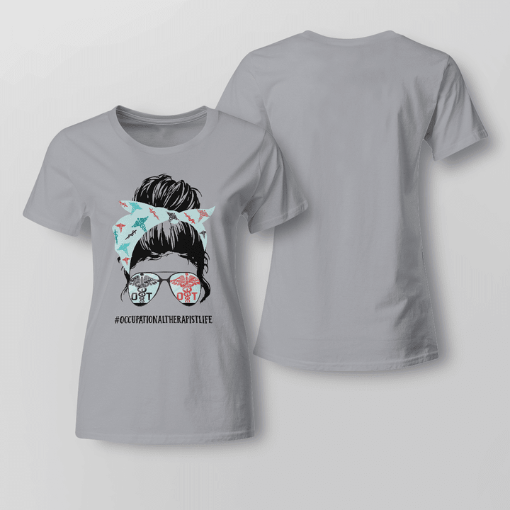 Gray Occupational Therapist T-Shirt with confident woman graphic and #OccupationalTherapistLife text.