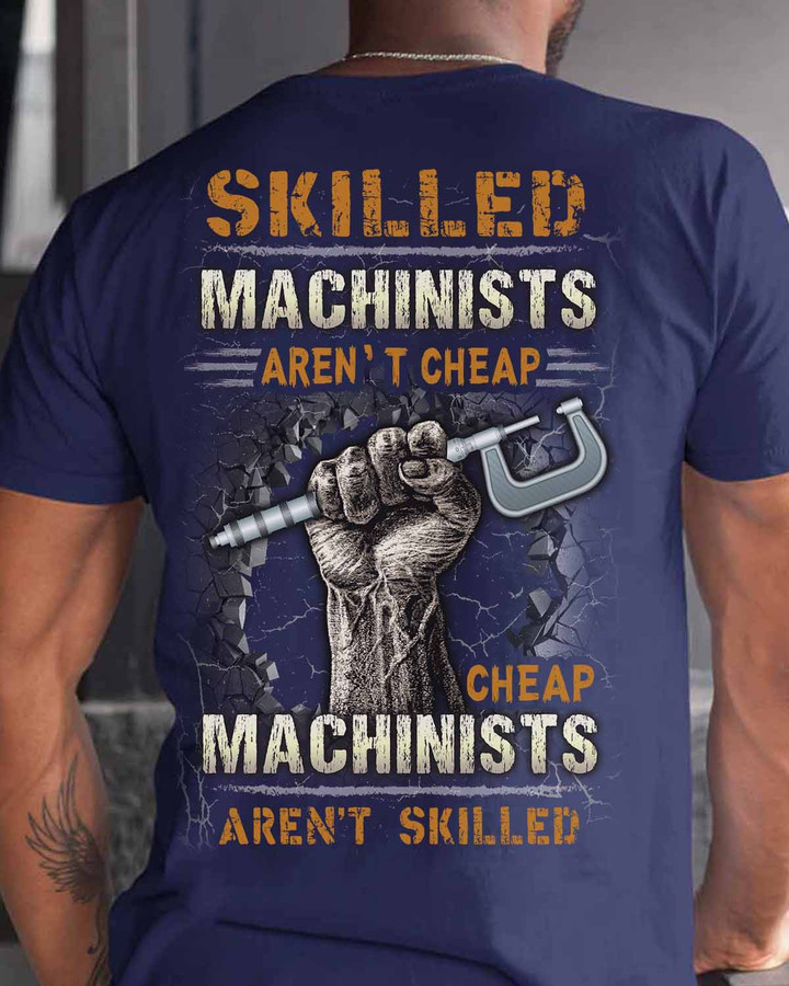 Blue t-shirt with fist holding caliper graphic representing skilled machinists