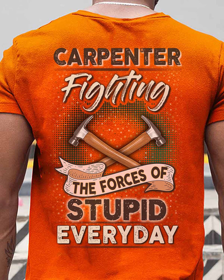 Carpenter T-Shirt - Orange with Crossed Hammers Graphic and Humorous Quote