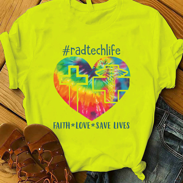 Rad Tech Yellow Tie-Dye T-Shirt with Heart and Cross Graphic - Faith and Love Save Lives