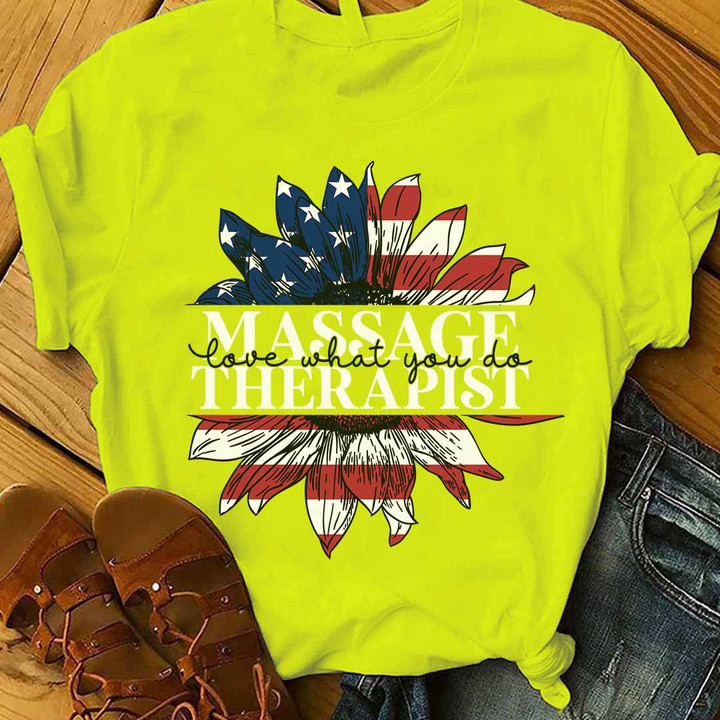 Massage therapist t-shirt with sunflower and American flag design, symbolizing happiness, patriotism, and passion.