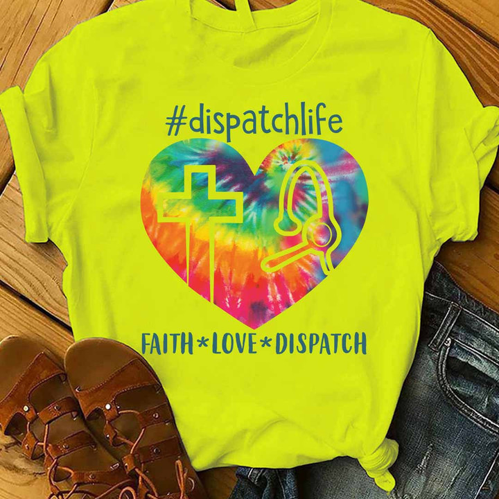 Neon Yellow Dispatcher T-Shirt with Tie Dye Heart and Cross Graphic