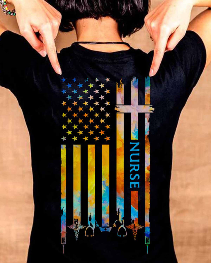 Black t-shirt with American flag and nurse graphic, ideal for nurses to showcase their patriotic and compassionate spirit