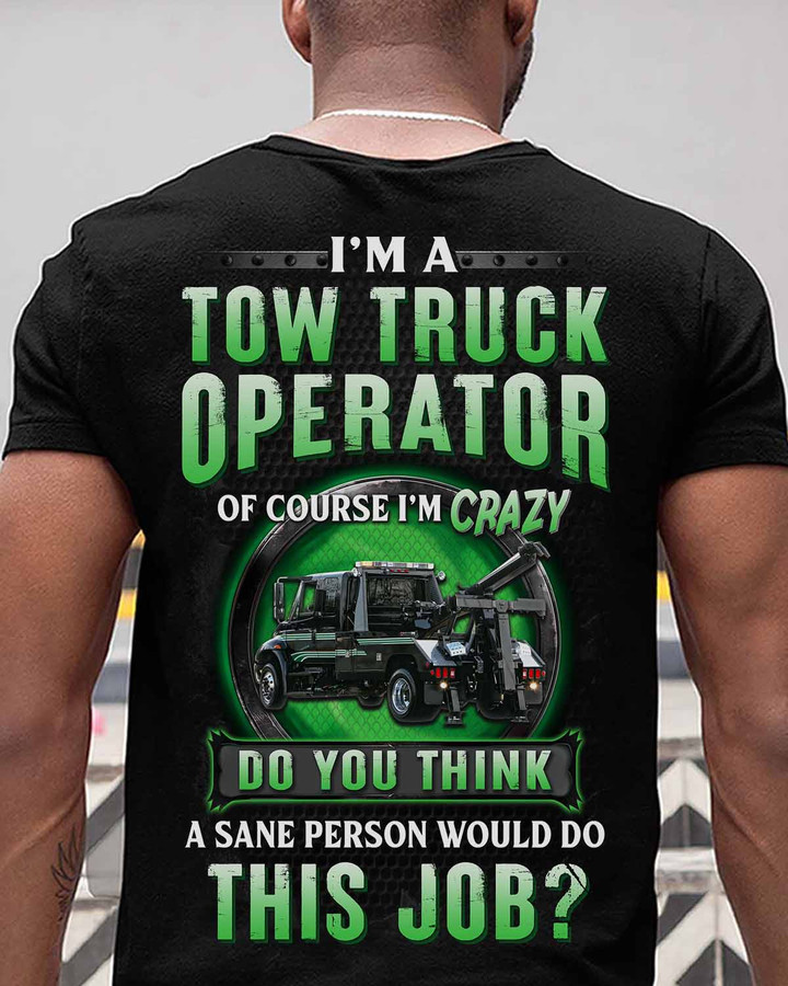 Black t-shirt with green tow truck graphic - Ideal for Tow Truck Operators