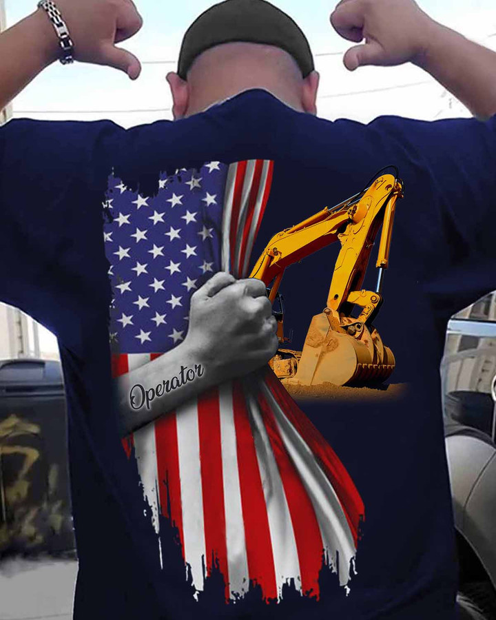 Operator T-Shirt with American Flag and Yellow Excavator Graphic