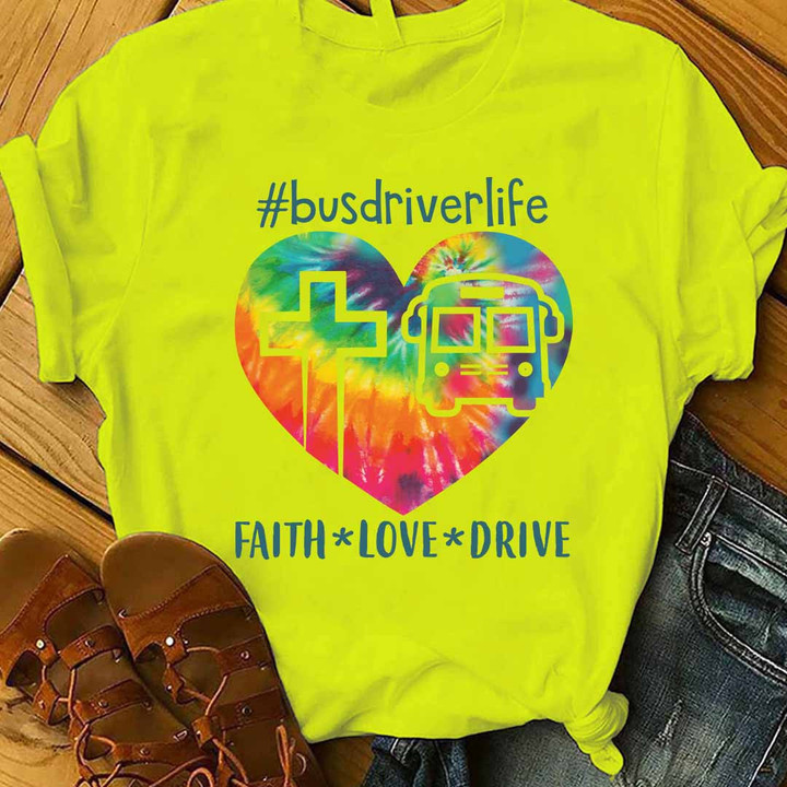 Yellow Bus Driver T-Shirt with Tie Dye Heart and '#BusDriverLife' Quote.