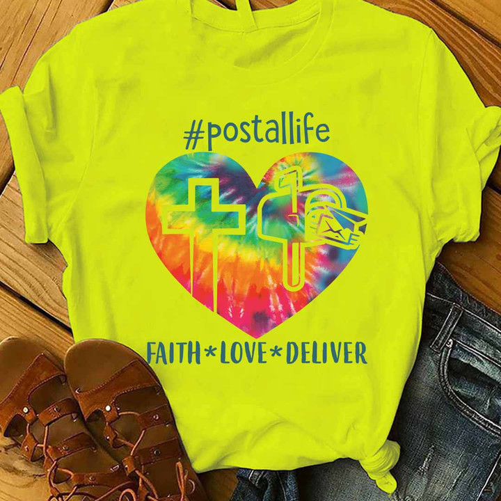 Yellow tie dye heart and cross t-shirt for postal workers