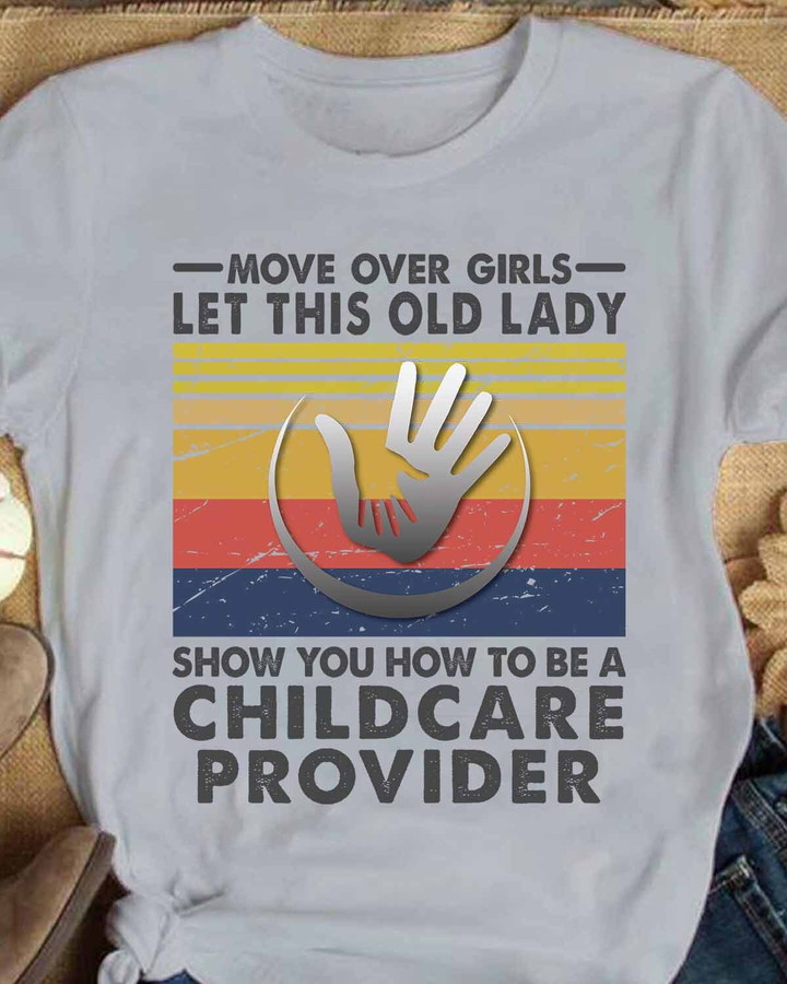 Black t-shirt with white vintage-style design for childcare providers - empowering apparel for older women