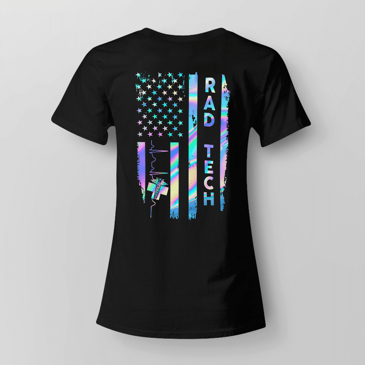 Rad Tech Rainbow Oil Slick T-Shirt - Psychedelic pattern resembling an oil slick, perfect for radiologic technologists.