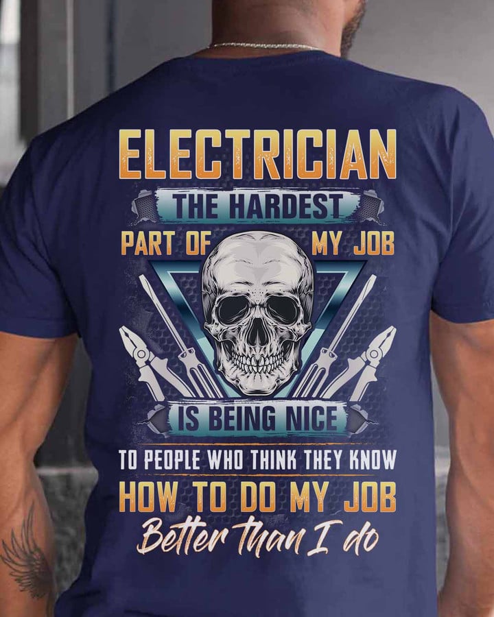 Blue electrician t-shirt with skull and pliers graphic and funny quote