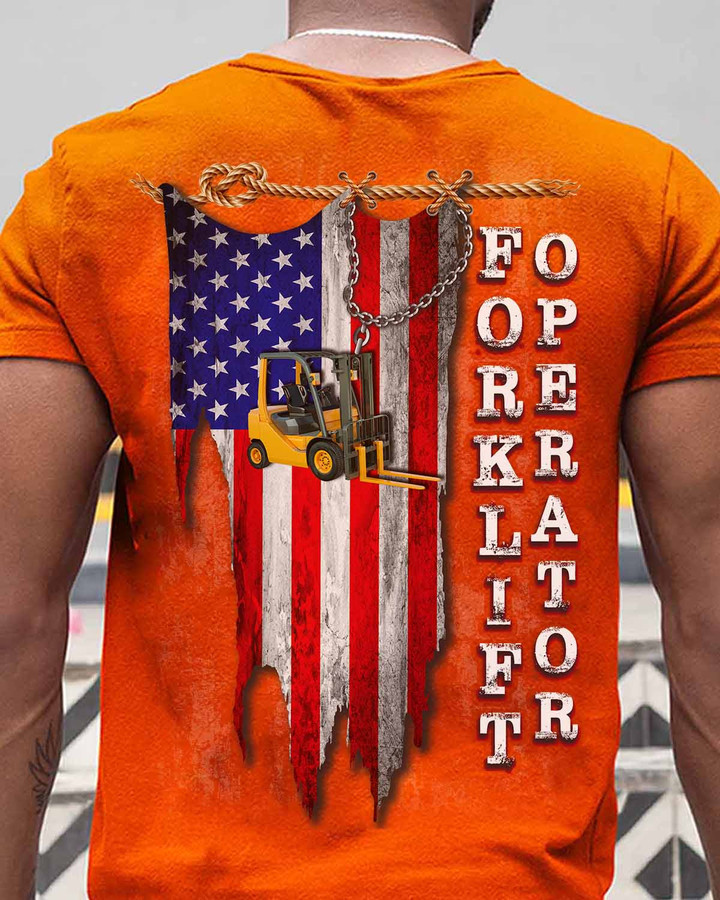 Bright orange t-shirt for forklift operators with a graphic of a forklift and the American flag.
