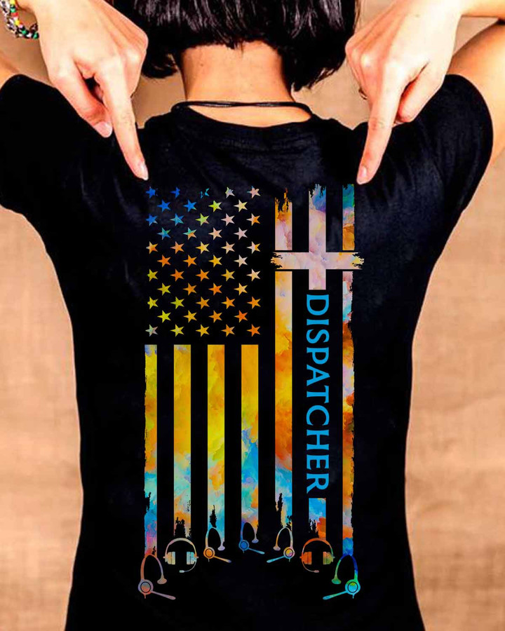 Dispatcher Black Cotton T-Shirt - American Flag and Cross Graphic Design