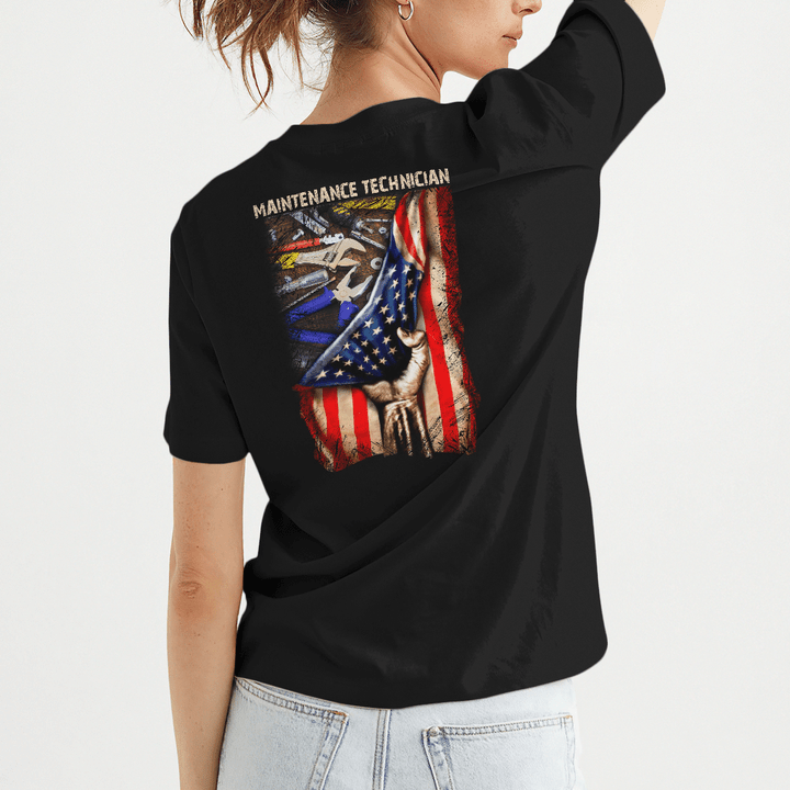 Maintenance Technician t-shirt - black shirt with hand holding American flag graphic design