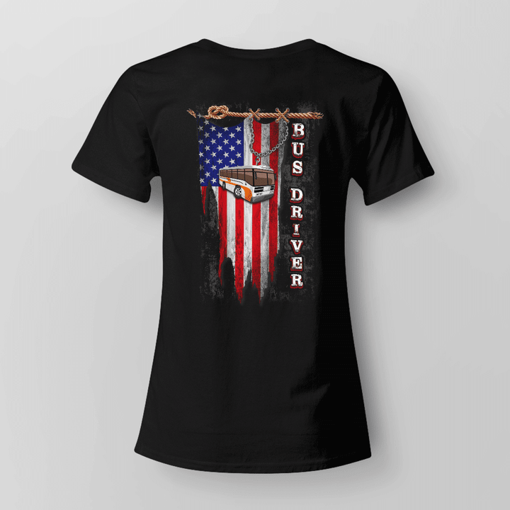 Black t-shirt with bus driver's face and American flag graphic design. "BUS DRIVER" quote boldly displayed.