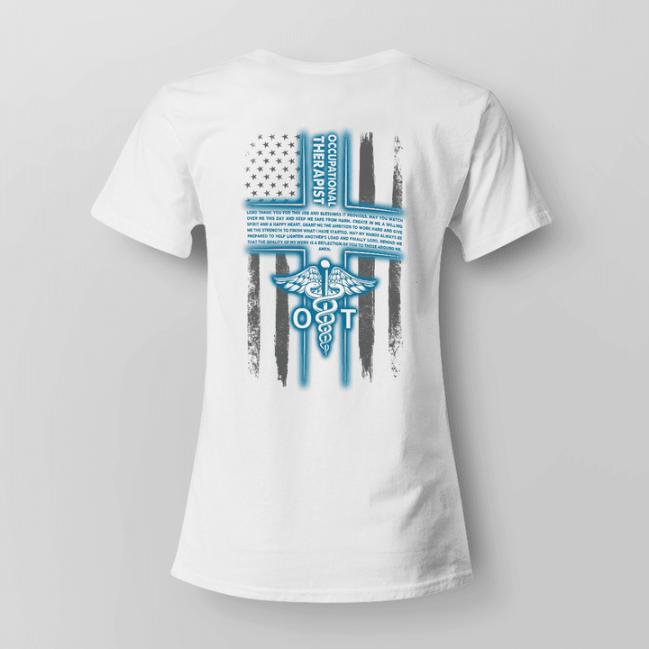 Occupational Therapist White T-Shirt with Medical Cross, Caduceus, and American Flag Graphic Design