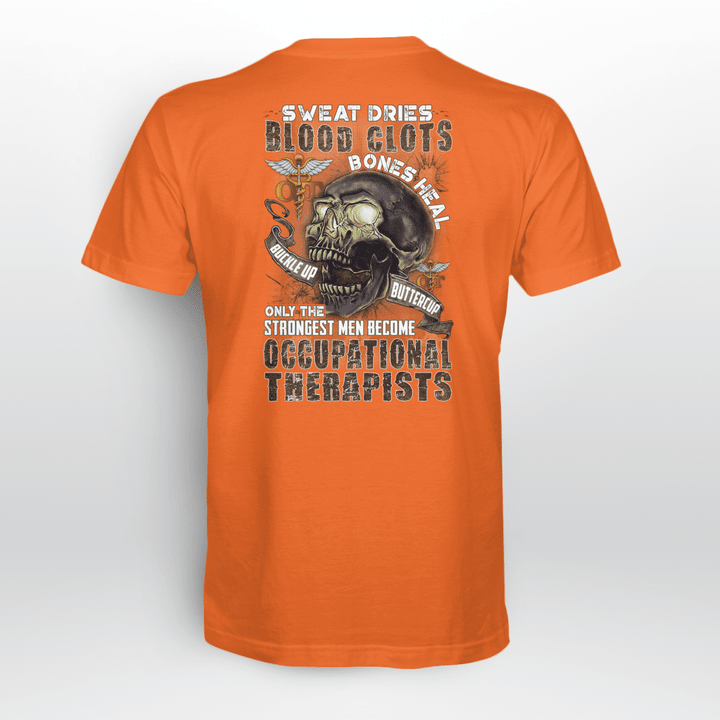 Orange Occupational Therapist T-Shirt with Skull Graphic and Motivational Quote