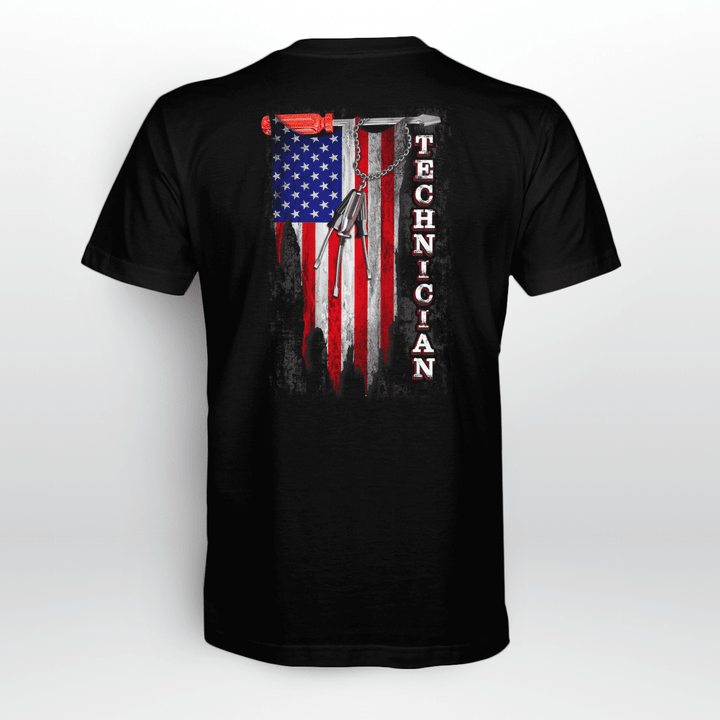 Black technician t-shirt with American flag and screwdriver graphic.