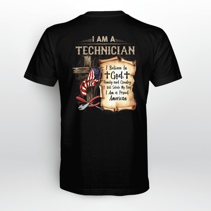 Technician Profession T-Shirt - Cross, Flag, and Quote on Black