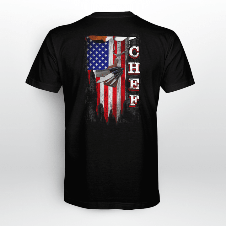 Black Chef's T-Shirt with American Flag Graphic for Patriotic Chefs