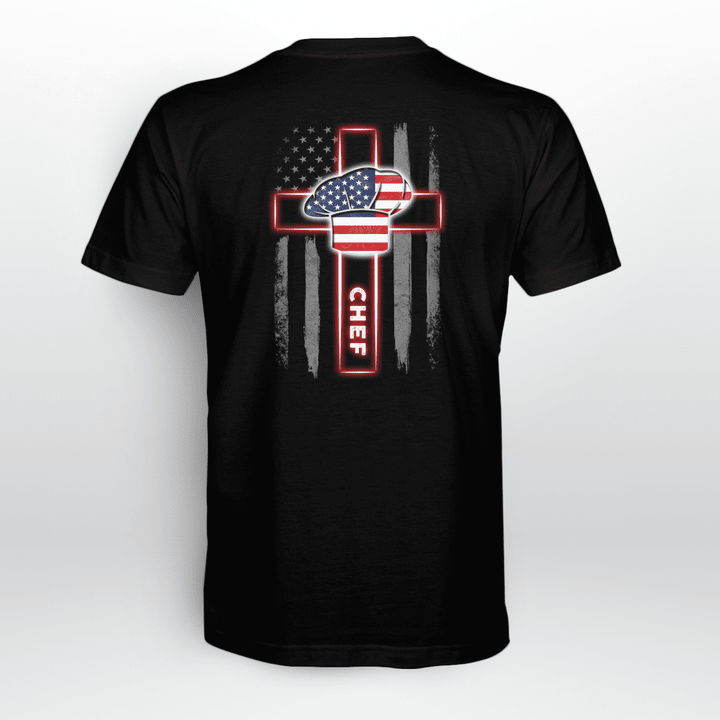 Chef-Themed Black T-Shirt with American Flag and Cross Design