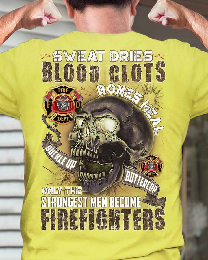 Yellow firefighter t-shirt with skull design and quote 'Only the strongest men become firefighters'