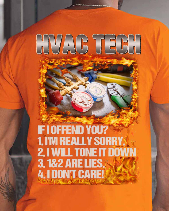 Orange HVAC Tech t-shirt with bold 'HVAC TECH' print and humorous quote for HVAC technicians.
