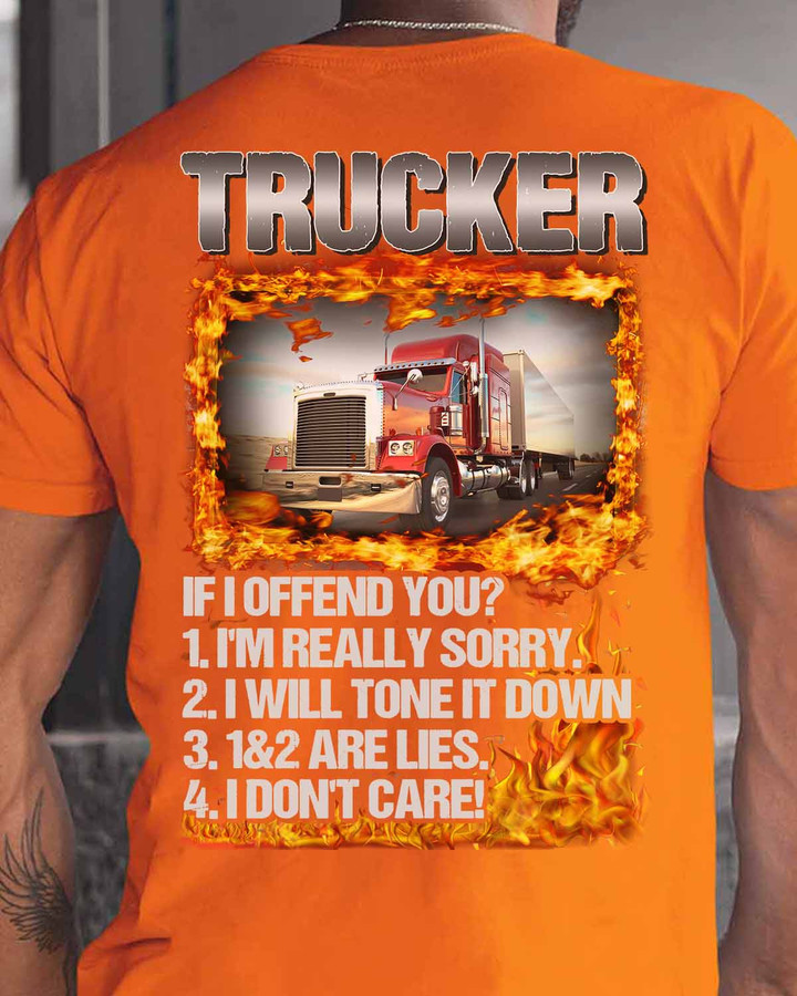 Orange Trucker-themed T-Shirt with Cartoon Truck Design and Humorous Quote
