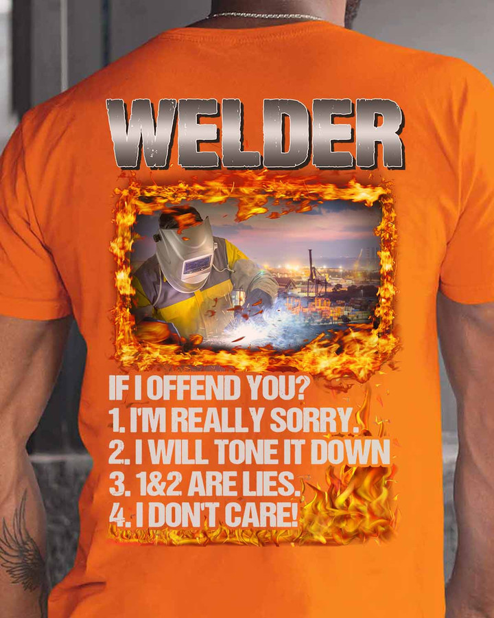 Orange Welder T-Shirt with 'WELDER' Lettering and Humorous Quote