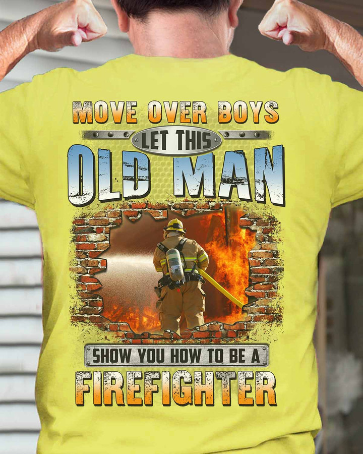 Yellow firefighter t-shirt with graphic design of an old man wearing a firefighter's helmet, pointing and giving instructions.