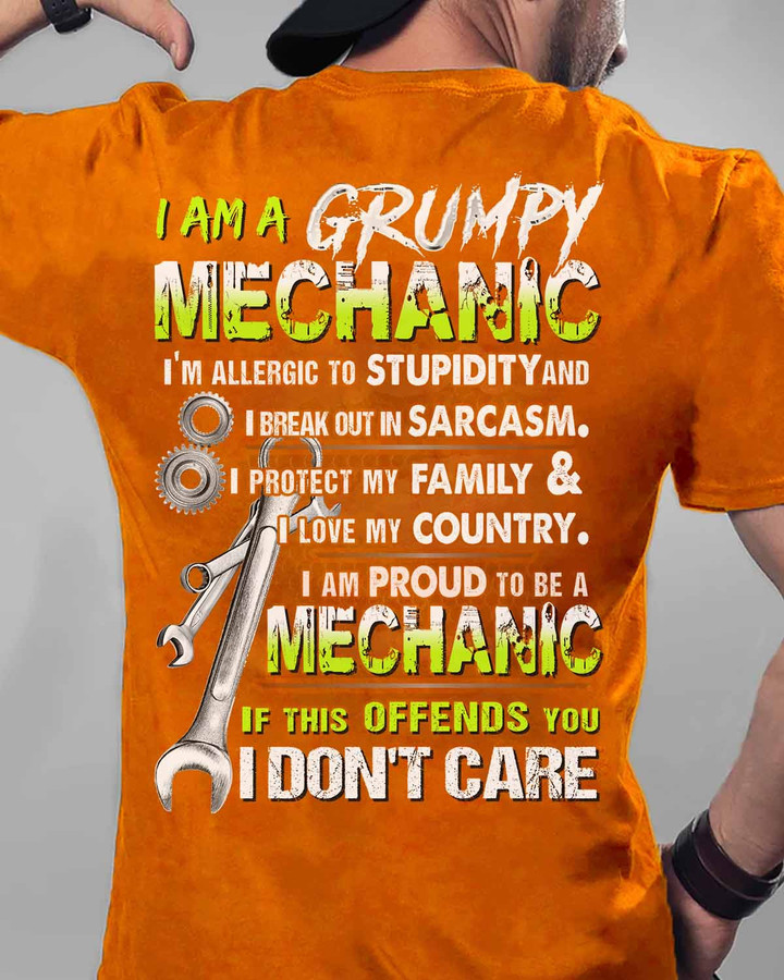 Grumpy Mechanic T-Shirt - Orange cotton blend shirt with a humorous quote for mechanics.