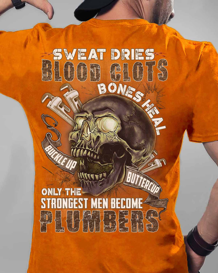 Orange Plumber T-Shirt with Skull Graphic and Motivational Quote - Only the Strongest Men Become Plumbers