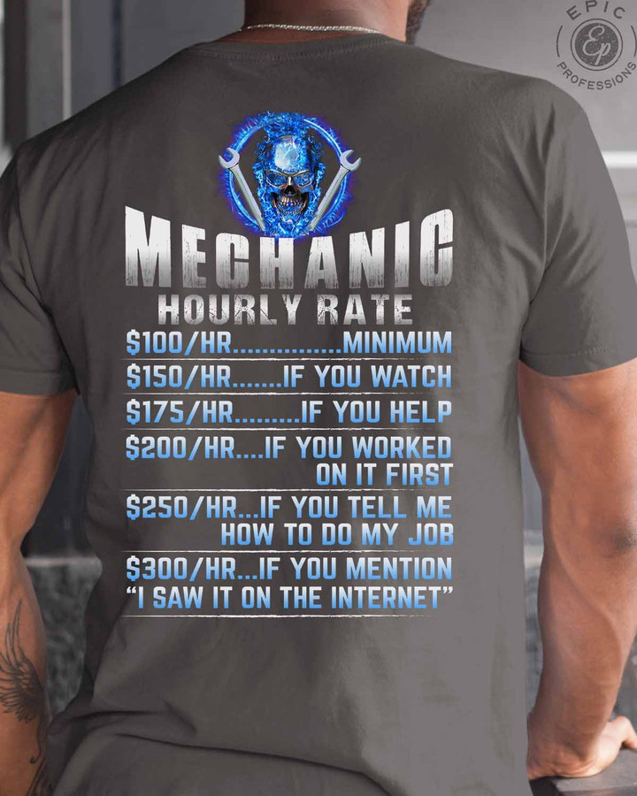Gray Mechanic Hourly Rate T-Shirt with Blue Skull and Wrench Graphic