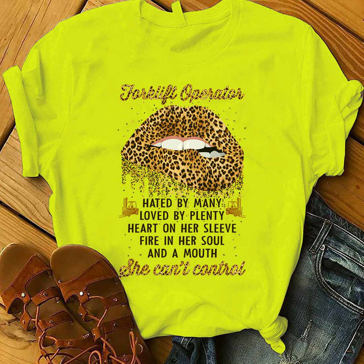 Forklift Operator Custom T-Shirt - Neon yellow tee with leopard print lip graphic and impactful quote. Show your passion with this eye-catching design.