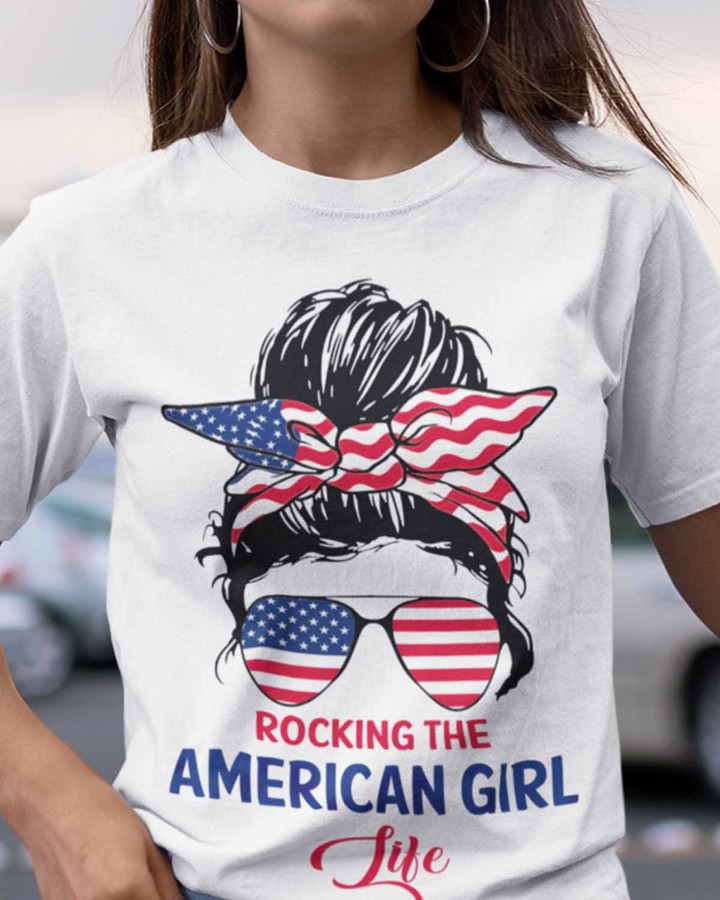 White short-sleeved Rocking The American Girl Life t-shirt for ladies in blue-collar professions
