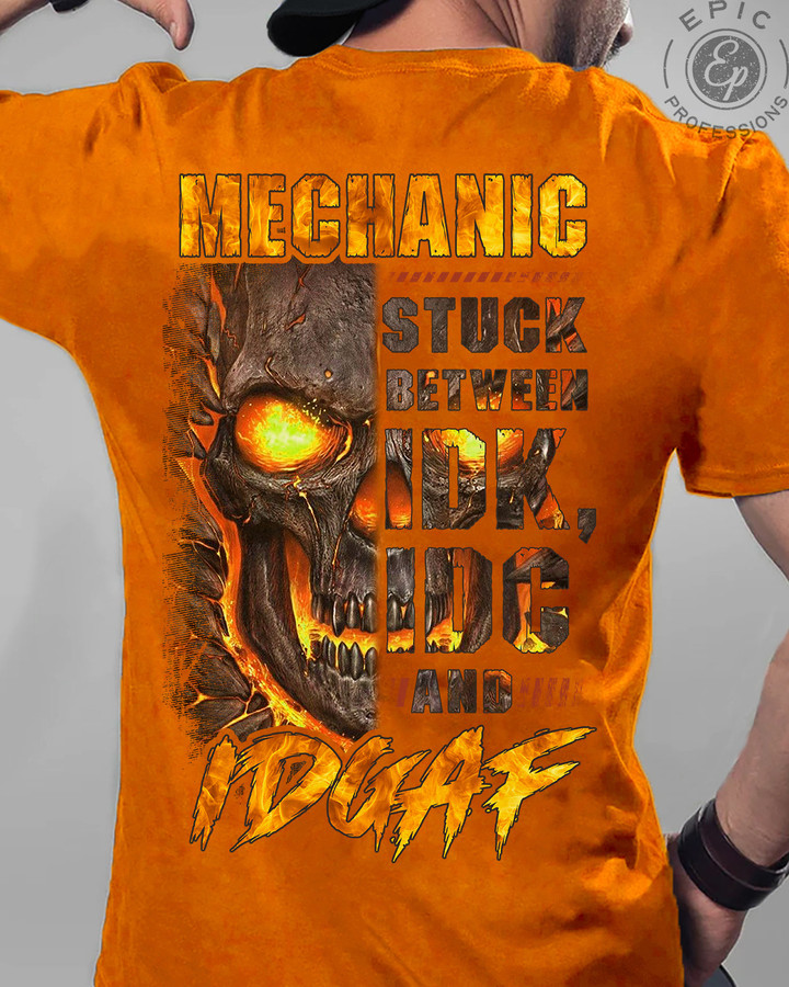 Orange EPIC PROFESSIONS MECHANIC T-Shirt with black skull and text graphic