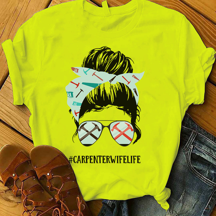 Yellow t-shirt with bandana and sunglasses graphic - #CARPENTERWIFELIFE
