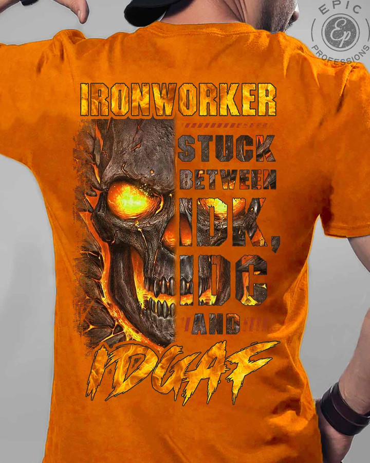 Orange Ironworker T-Shirt with Skull Graphic and Resilience Quote