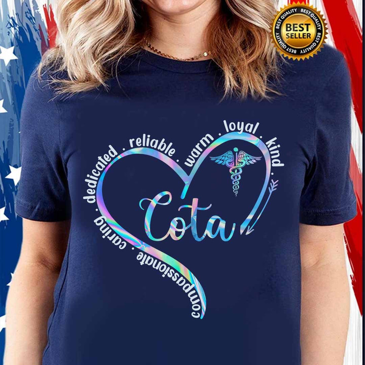 Navy blue Occupational Therapist t-shirt with words "reliable, dedicated, loyal, warm, kind, compassionate, caring," heart symbol, and caduceus emblem.